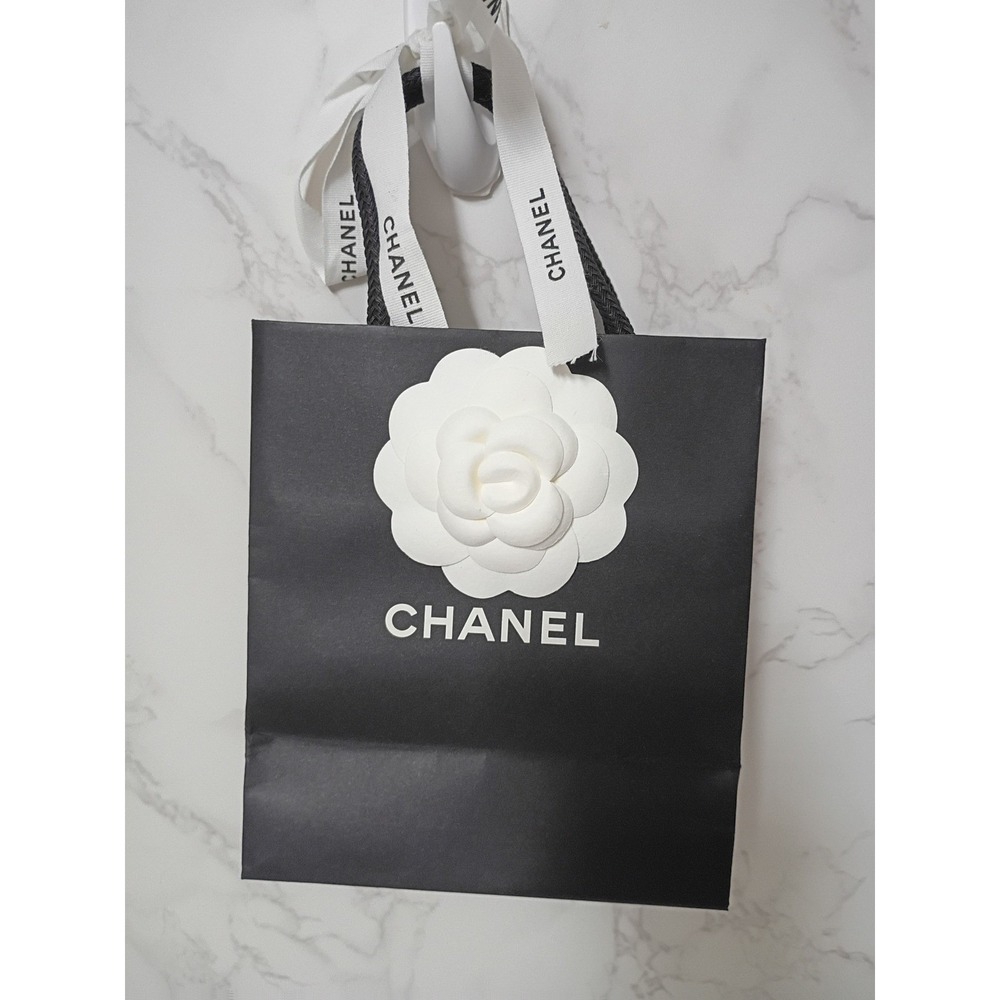 CHANEL Black Shopping Bag w/ 3D White Camellia Flower & Gift Card
